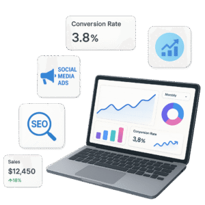 Digital marketing dashboard showing SEO metrics, social media ads and conversion rate analytics