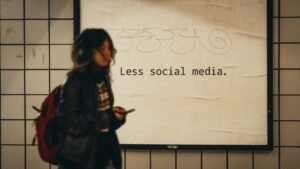 a woman standing in front of a sign that says less social media
