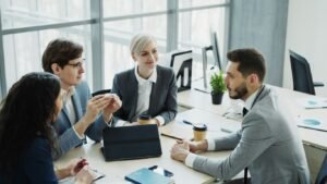 Diverse business team collaborating in a modern office.