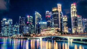 city skyline during night time