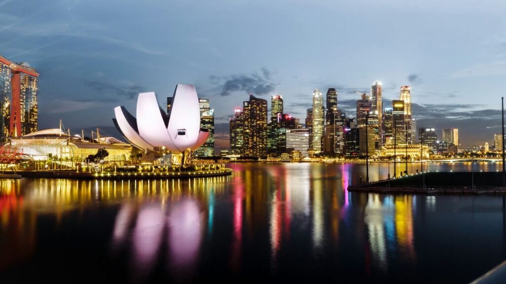 city skyline during night time