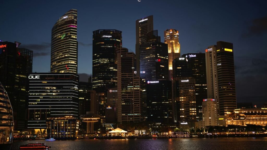 Skyscrapers light up the night skyline.