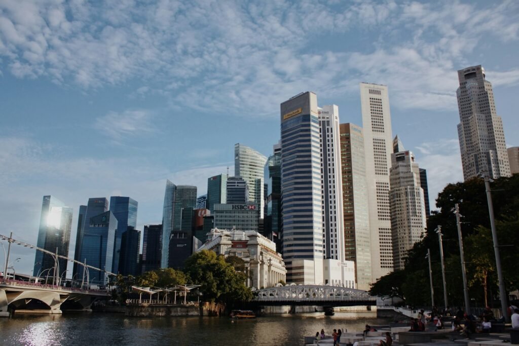 Singapore central business district skyline seen across the water on a clear day