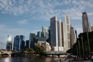 Singapore central business district skyline seen across the water on a clear day