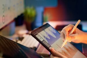 Analyst reviewing data on a tablet, representing enterprise SEO platforms