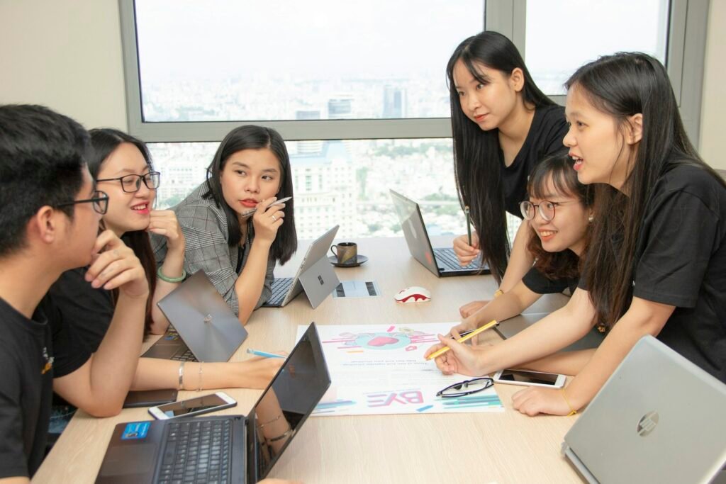 Advertising agency team discussing a project around a table