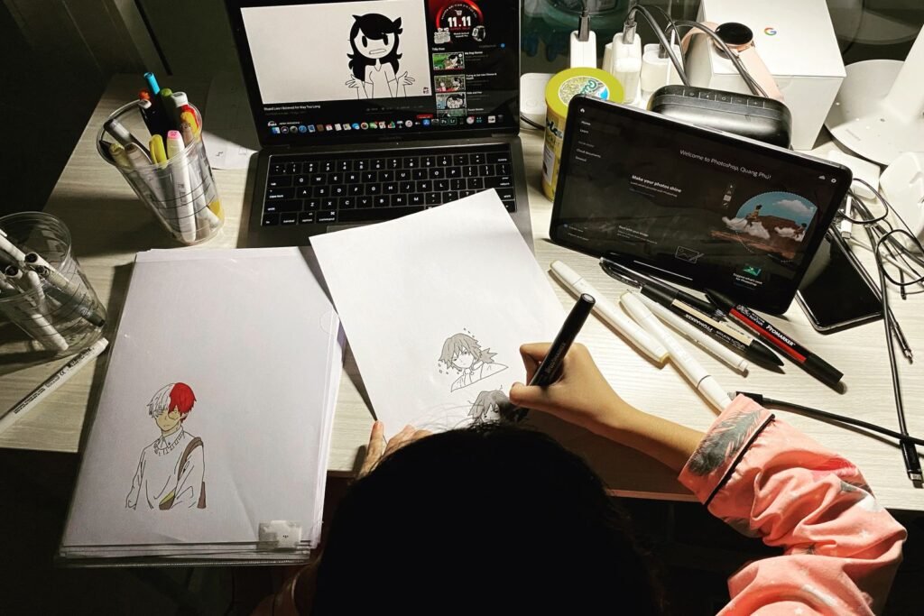 Storyboard panels pinned above an animator's tablet, the planning stage animated video production companies complete before any frame is rendered.