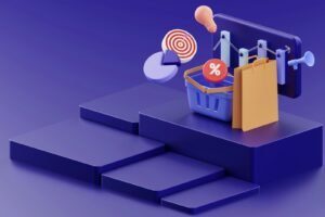 Shopping bag and online store icons, representing ecommerce agency services