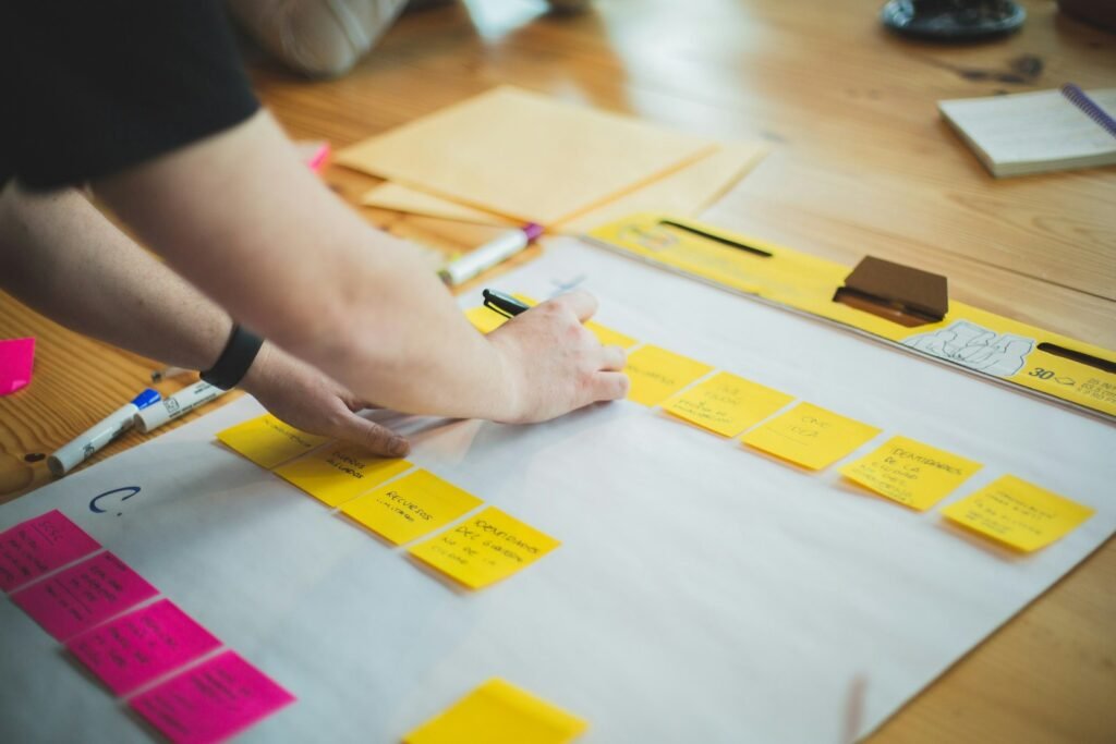 Brand consultant mapping out a brand strategy with sticky notes during a workshop