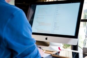 A developer walks a business owner through a workflow diagram before committing to custom web development services for their operations.