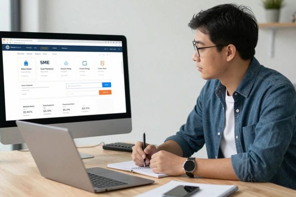 Singapore SME owner discussing an ecommerce grant application with a digital marketing specialist beside an online store dashboard.