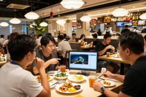 Singapore restaurant marketing team reviewing digital campaign results beside a busy dining venue.