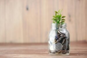 Plant growing from a jar of coins, representing PPC budget and return on investment