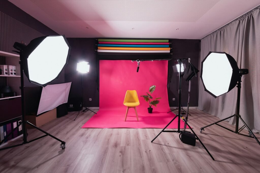 Photography studio set up with lights and backdrop for product photography