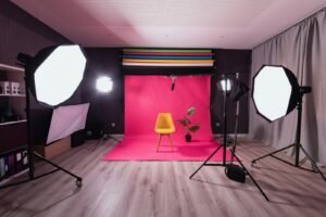 Photography studio set up with lights and backdrop for product photography
