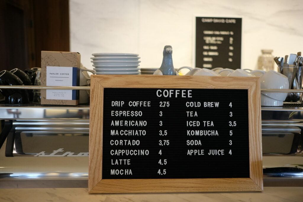 Price board in a cafe, representing SEO package pricing