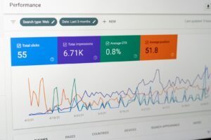 Search performance report showing clicks and impressions, comparing SEO services and paid ads
